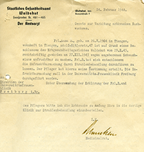 Staatliches Gesundheitsamt Waldshut. Der Amtsarzt, 24.02.1944. Strahlensterilisierung einer 40-jährigen Frau wegen angeborenen Schwachsinns